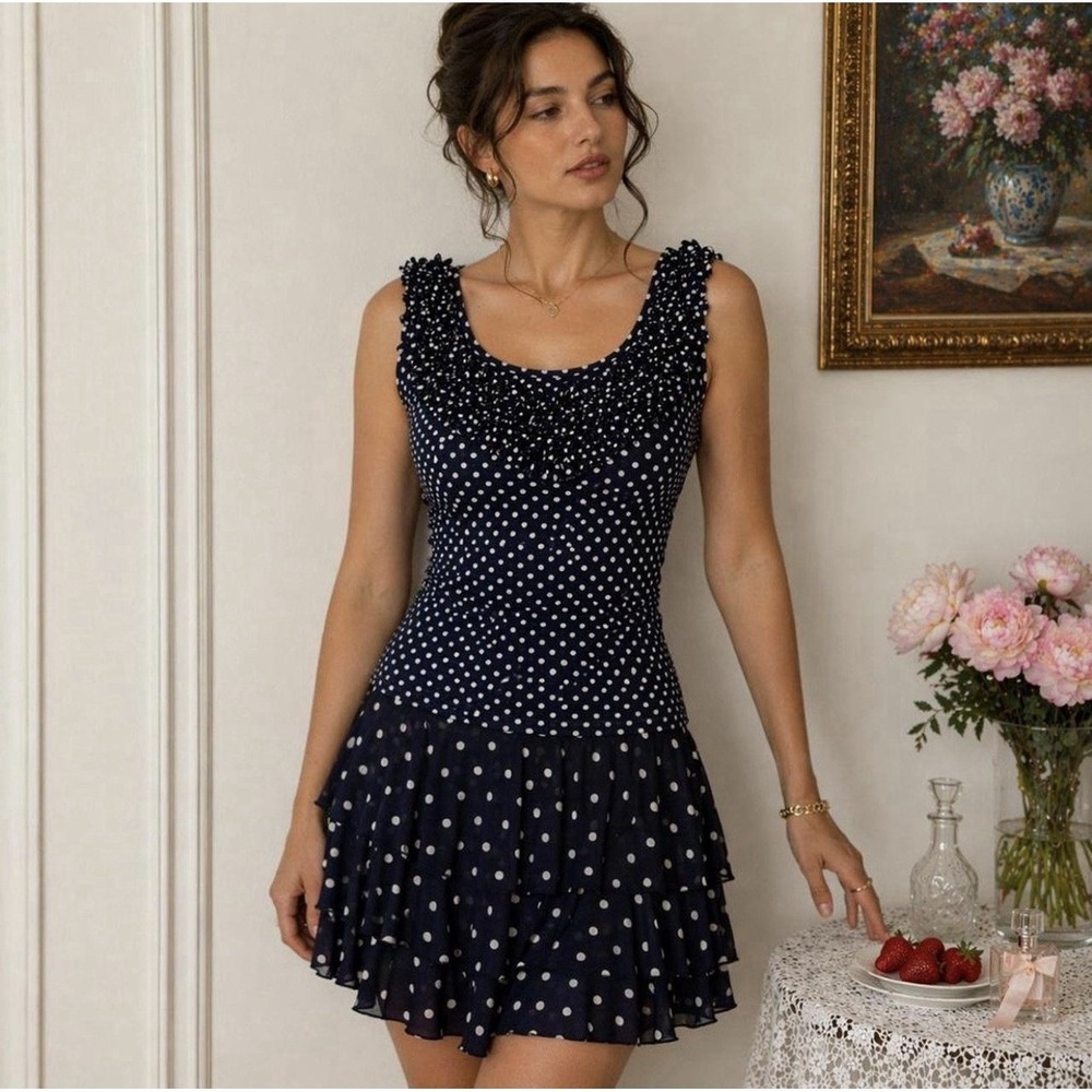 Vtg INC Polka Dot 2Pc Tank & Tiered Mini Skirt Navy Blue Ivory Ruffle Mesh S/M